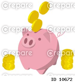 豚の貯金箱にコインを入れるアイソメトリック構図のイラスト