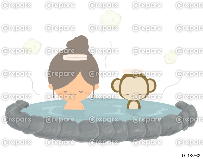 温泉に入る女性とサルのイラスト