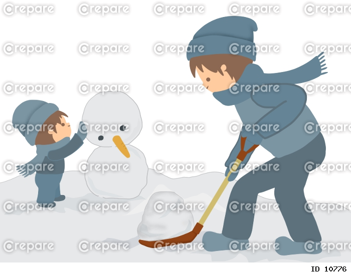 雪かきをする男の子と雪だるまを作る男の子のイラスト