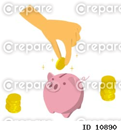 豚の貯金箱にお金を貯金する、アイソメトリック構図のイラスト。