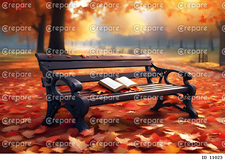秋景色の彩られた 朝早い公園の古いベンチとペーパーバッグ。