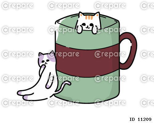 マグカップに入った子猫のかわいいイラスト