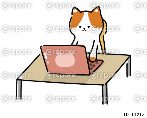 パソコンをするかわいい猫のイラスト