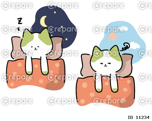 眠る猫と目覚める猫のかわいいイラストセット