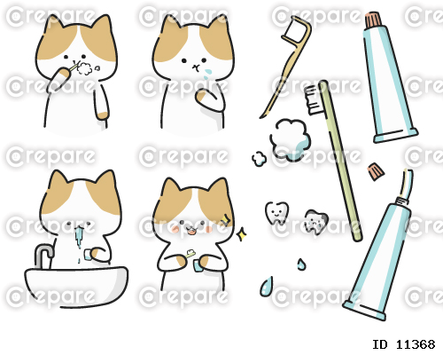 歯を磨くかわいい猫のイラストのセット