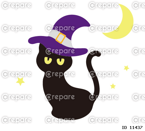 帽子をかぶった黒猫と月のかわいいイラスト