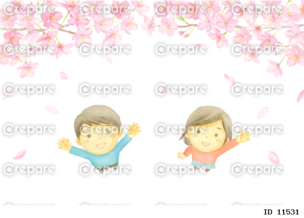 桜を見上げる子どもたちの水彩イラスト