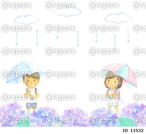 梅雨の季節の子供の水彩イラスト