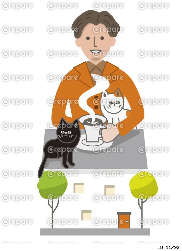 家でネコと一緒にコーヒーを飲む人