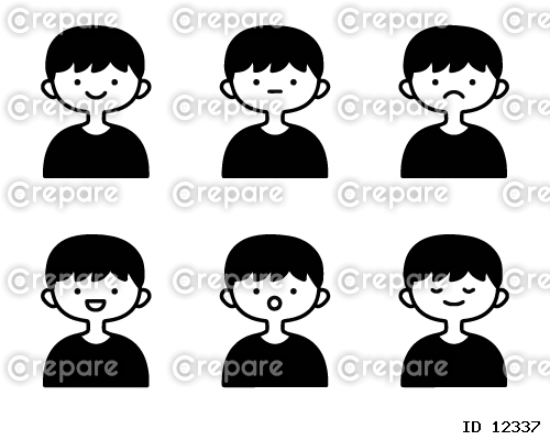 色々な表情の男の子のシンプルなモノクロアイコンのイラストセット