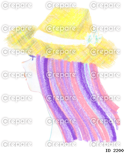 クレヨン、色鉛筆で描いた麦わら帽子をかぶった夏の少女の横顔
