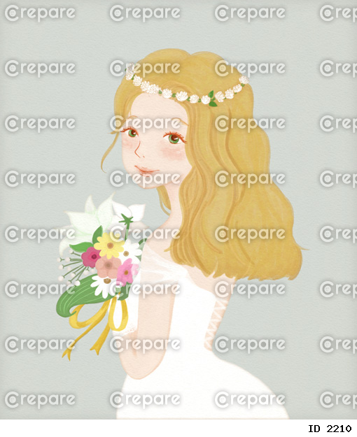 水彩画タッチの、ブーケを持った可愛い花嫁のイラスト
