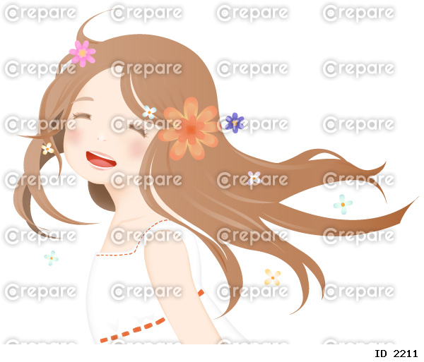 笑顔が可愛い白いワンピースの女の子と花のイラスト