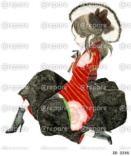 大正ロマン、ハイカラな花柄の赤い袴を着た女性のアナログイラスト