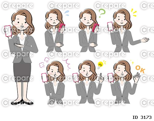 スマホを持つスーツ姿の女性の表情セット　バリエーション