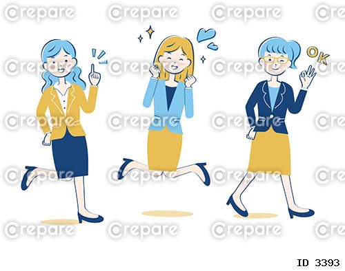 3人の元気なスーツ姿の女性たち　全身【3色バージョン】