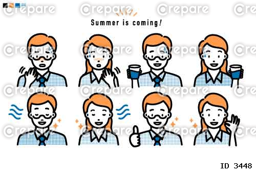 夏のサラリーマン男性と女性の上半身 イラスト_オレンジと青