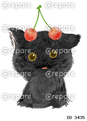 水彩タッチのかわいい黒猫とさくらんぼのイラスト