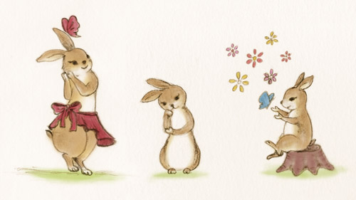 ダンスするウサギ、考えるウサギ、遊ぶウサギのイラスト