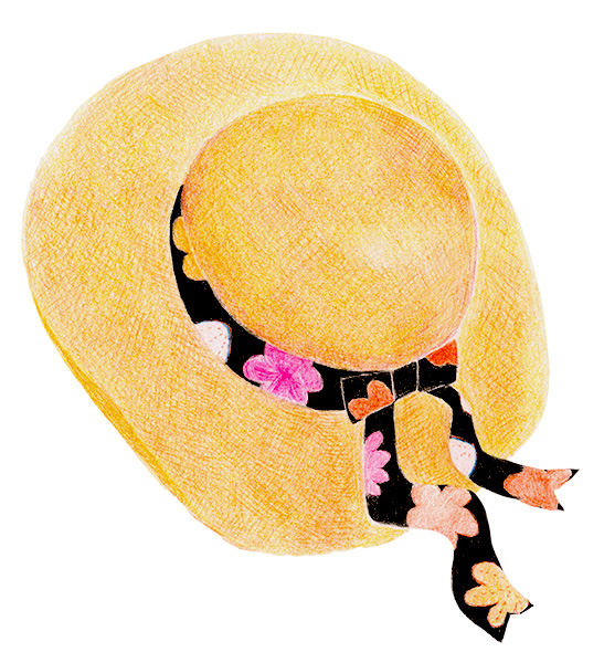 色鉛筆で描いた 花柄のリボンが可愛い夏の麦わら帽子のイラスト クリパレ