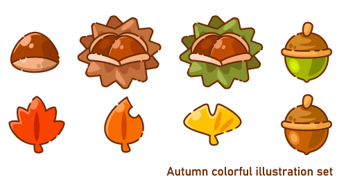秋の落ち葉と木の実のアイコンセット(主線あり)
