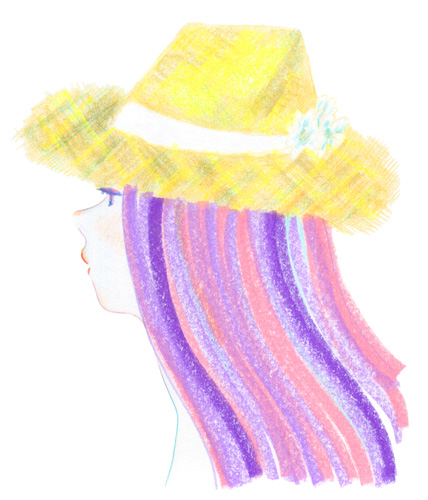 クレヨン 色鉛筆で描いた麦わら帽子をかぶった夏の少女の横顔 クリパレ