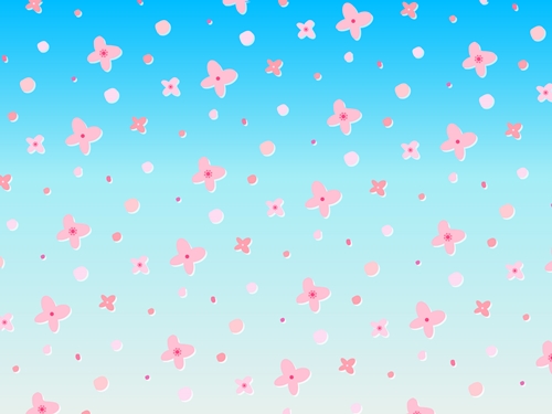 ピンクの小さな花と丸が散らばるパターン背景、青色グラデーション