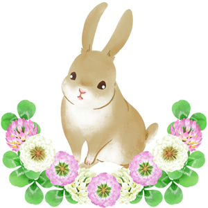 クローバーの花に囲まれたウサギのイラスト