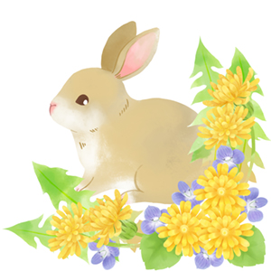 たんぽぽの花に囲まれたウサギのイラスト