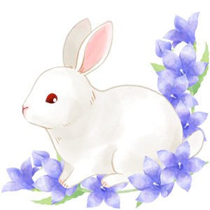 桔梗の花に囲まれたウサギのイラスト