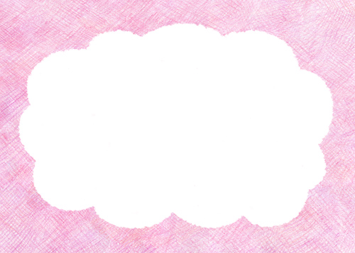 ピンク色の色鉛筆画の背景に雲の吹き出しっぽいもくもくのフレーム
