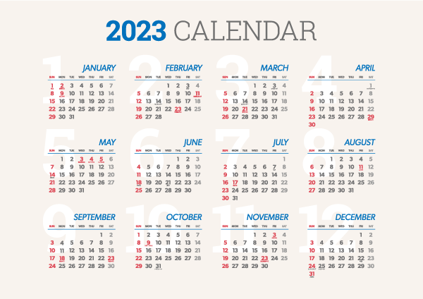 2023年　年間カレンダー　祝日入り（ヨコ）