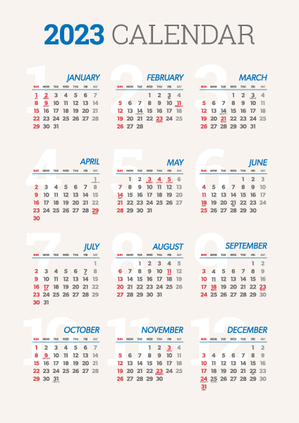 2023年　年間カレンダー　祝日入り（タテ）