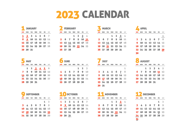 2023年　年間カレンダー　祝日入り（背景なし・ヨコ）