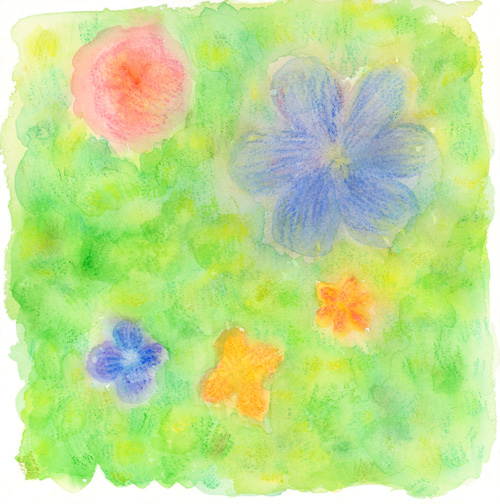 水彩絵の具で描いた 柔らかい雰囲気の花と草原の背景イラスト クリパレ